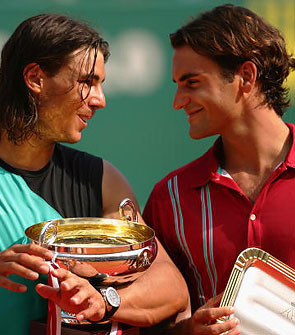 Rafael Nadal et Roger Federer apr�s la finale, Monte-Carlo 2007